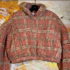 Fashion Nova Cropped Plaid Fuzzy Jacket Quarter Zip Large